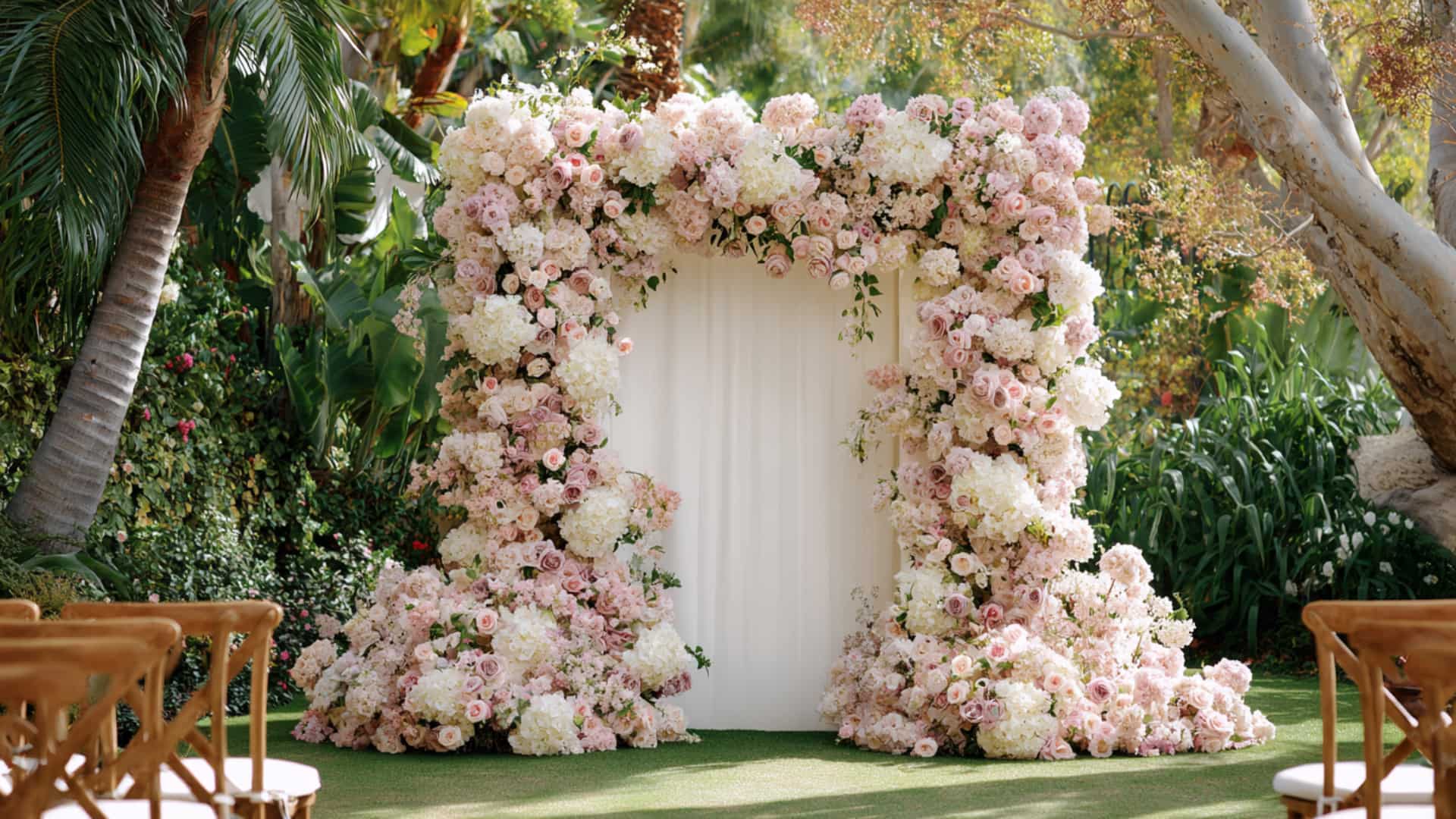 Tropical blush floral wedding arch with lush blooms in a garden ceremony space.