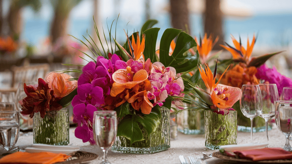 Tropical floral centerpieces with orchids, birds of paradise, and palm leaves, enhancing the wedding decor.