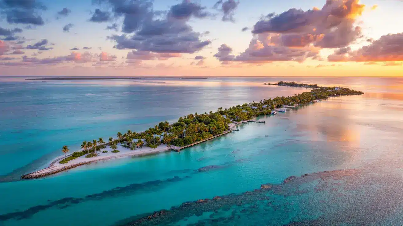 Tropical island with palm trees, white sand, and crystal-clear turquoise waters, bathed in soft sunset light.