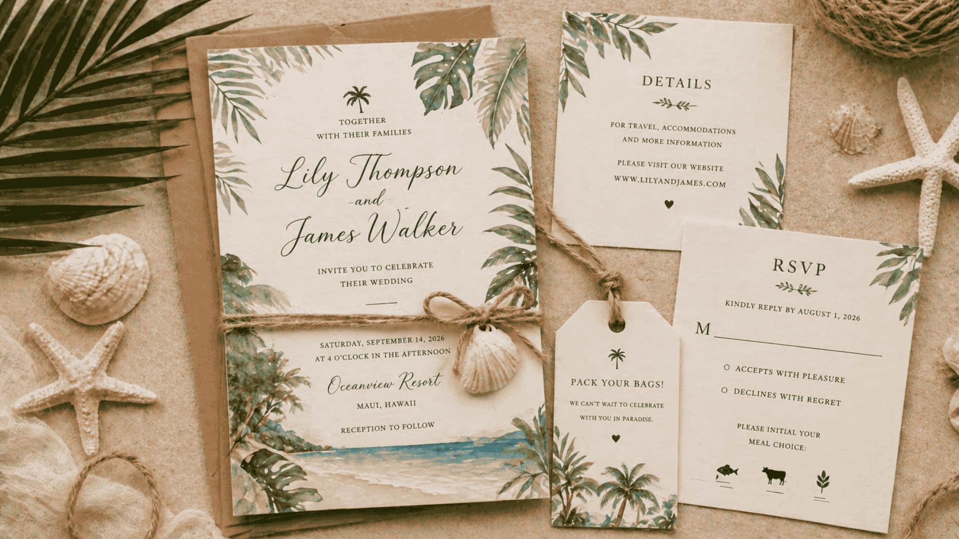 Tropical themed wedding invitation with palm leaves and beach elements