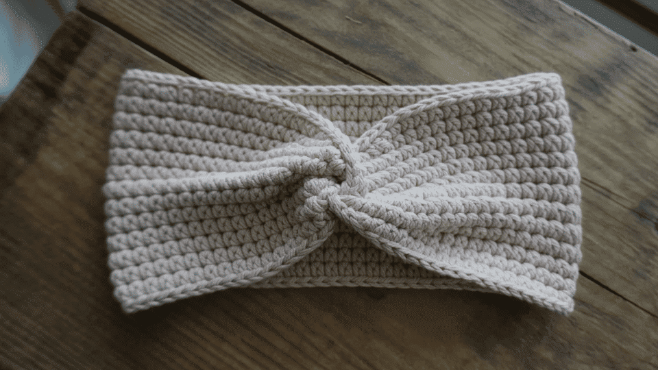 Crochet twist headband with center twist displayed on neutral background