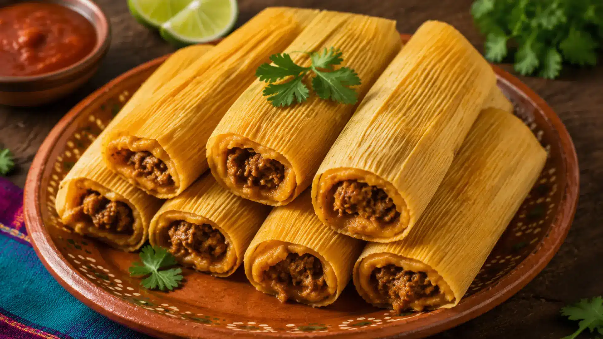 Tamales with meat filling, garnished with cilantro and lime wedges.
