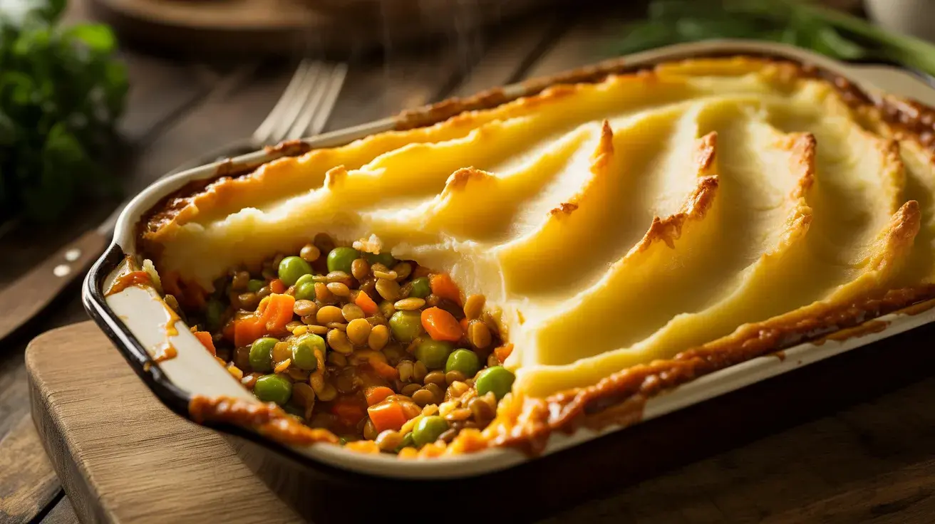 Vegetable shepherd’s pie with lentils, peas, and carrots topped with creamy mashed potatoes