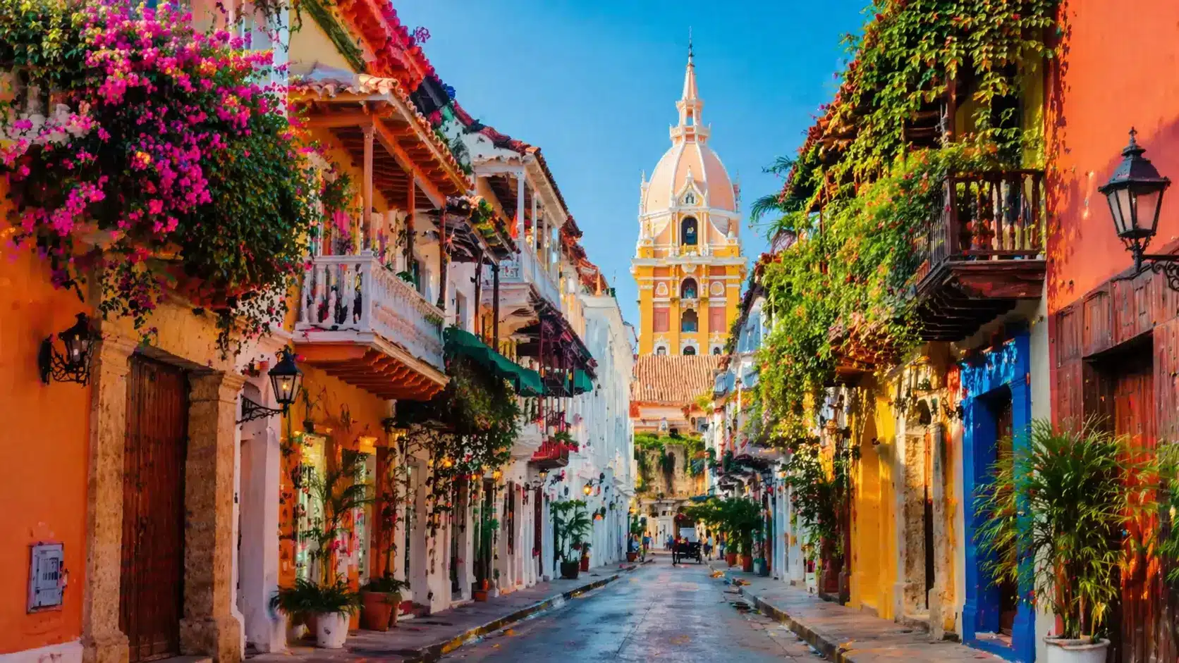 Vibrant colonial street in Cartagena, Colombia, with colorful buildings, and a church dome