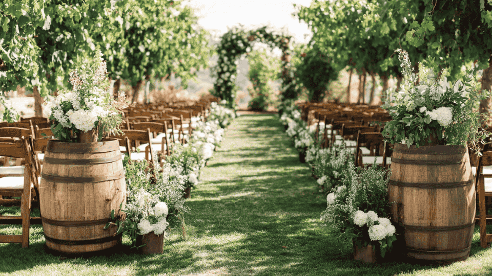 Vineyard wedding with grapevine aisles, wooden barrels, greenery and white flowers, and rolling hills in the background.