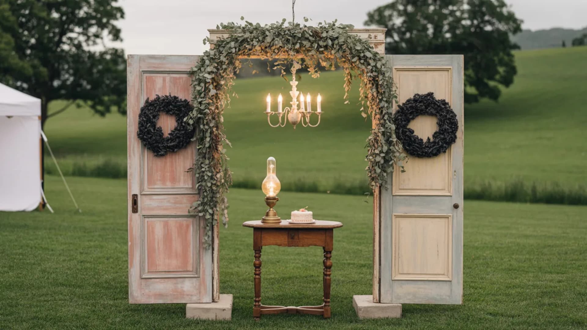 Vintage door wedding backdrop with greenery, chandelier, and small table outdoors