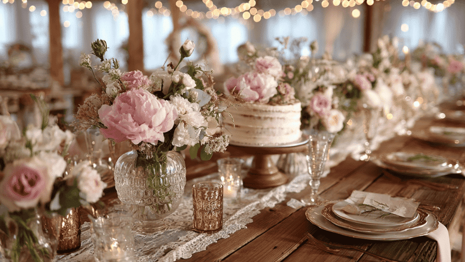 Vintage wedding decor with pastel flowers, lace, antique candle holders, and a romantic cake display