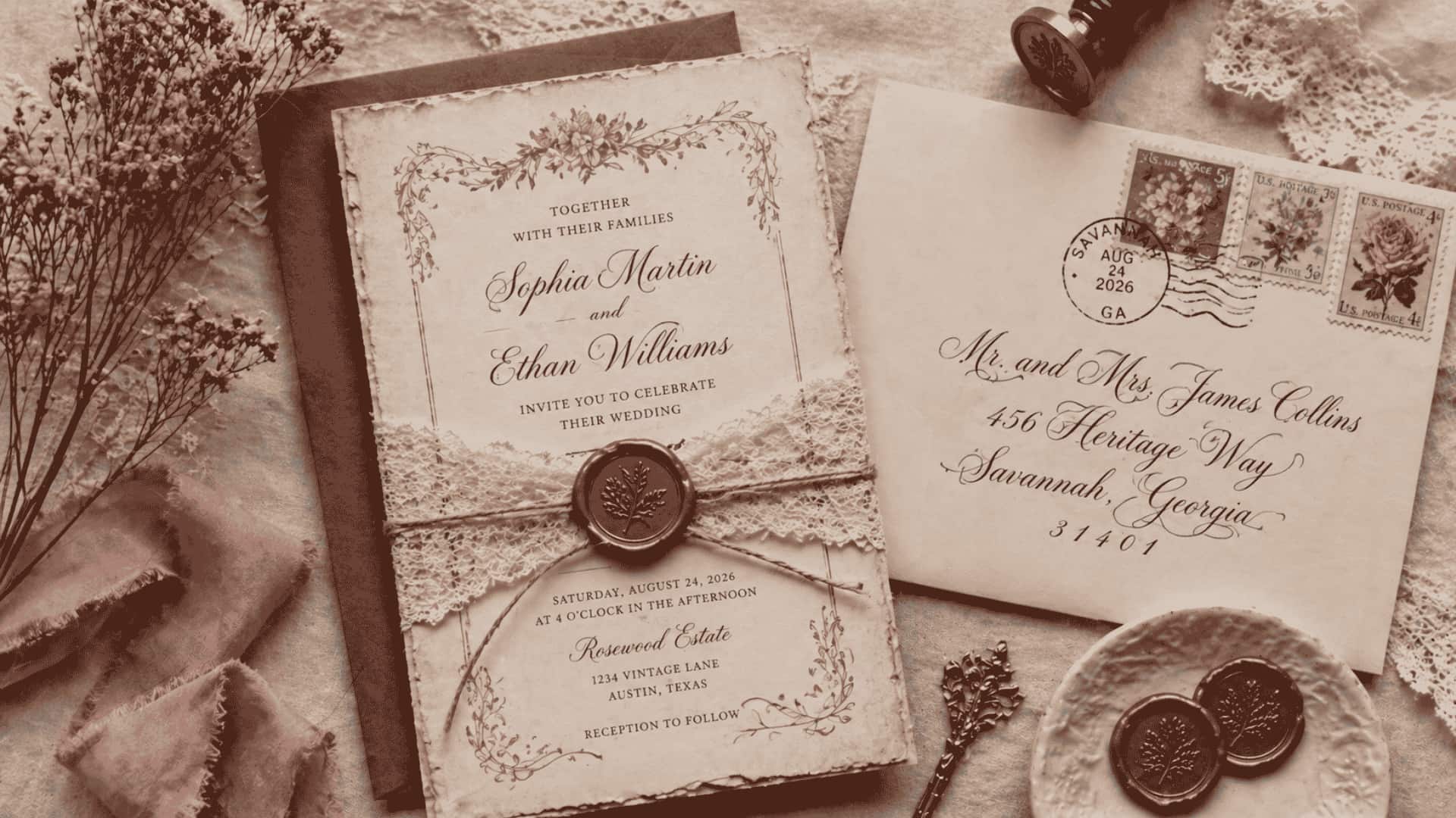 Vintage wedding invitation with lace, wax seal, and soft romantic tones