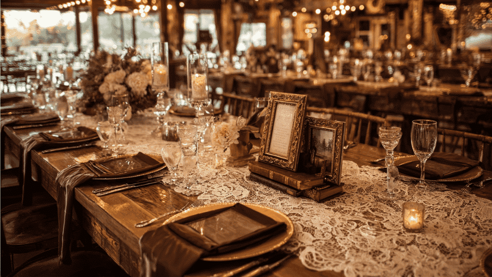 Vintage wedding venue with lace tables, antique decor and soft warm lighting
