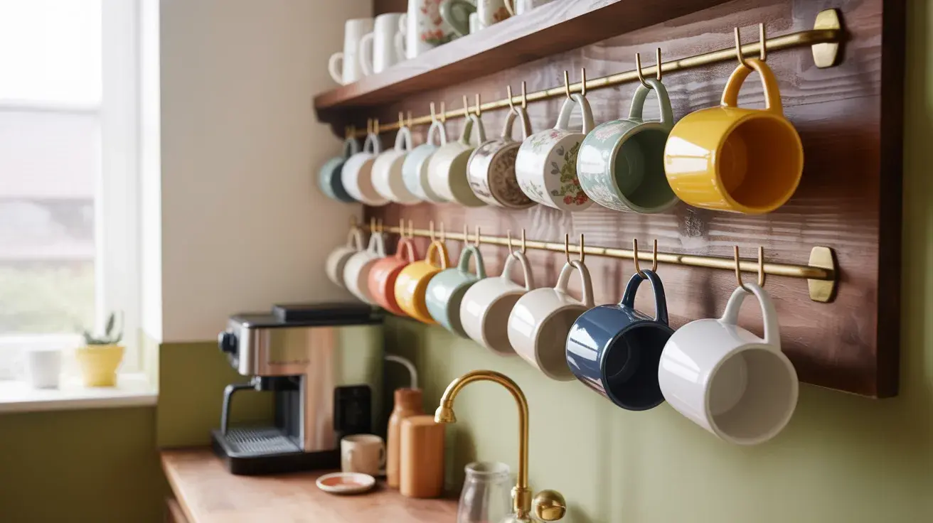 Wall-mounted coffee mug rack with rows of colorful hanging cups above a countertop coffee maker