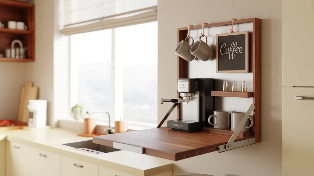 Wall-mounted fold-down coffee station with espresso machine, hanging mugs, and a small “Coffee” sign beside a bright kitchen window