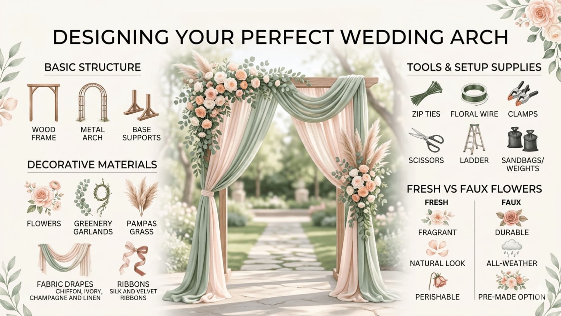 Wedding arch materials checklist infographic with structure, decor, tools, and floral options in a soft romantic garden theme
