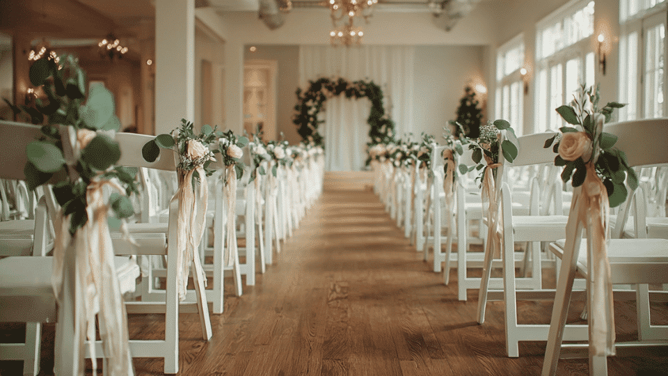 Wedding ceremony aisle with chairs decorated with ribbons, flowers and greenery