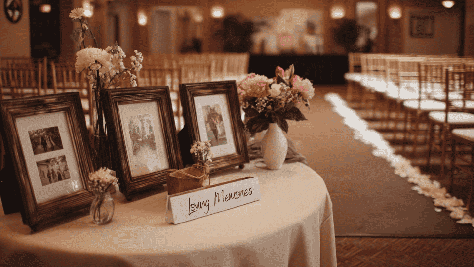 Wedding ceremony entrance with memory photo display table and framed photos