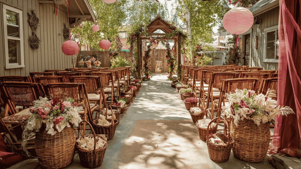 Wedding ceremony exit setup with ribbon wands and paper petal cones