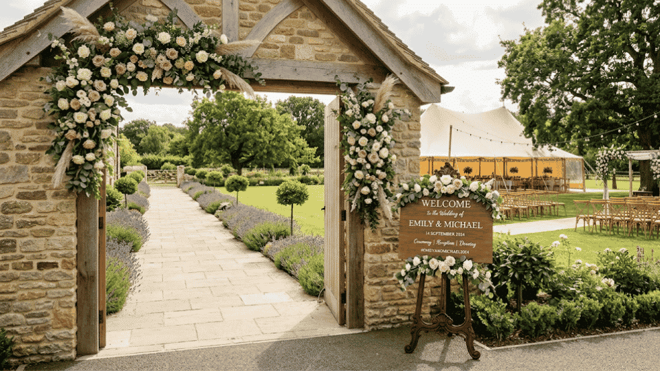 Wedding entrance with welcome sign on easel and full venue setup in background