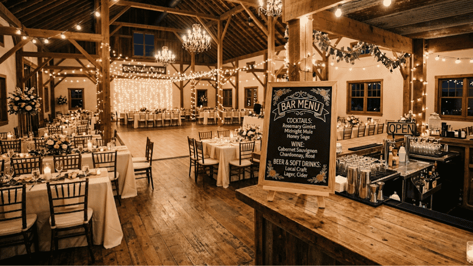 Wedding reception bar with menu sign and full decorated venue setup