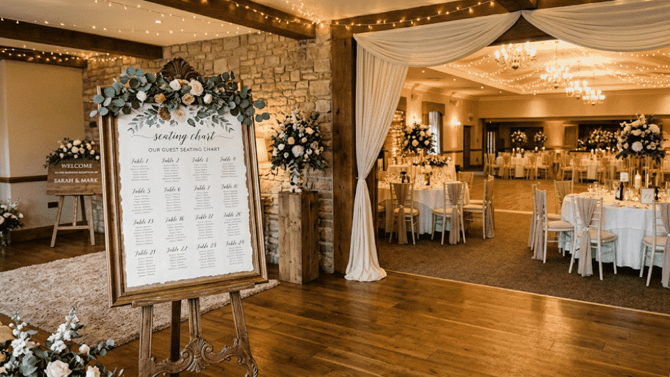 Wedding reception entrance with seating chart display and decorated tables behind