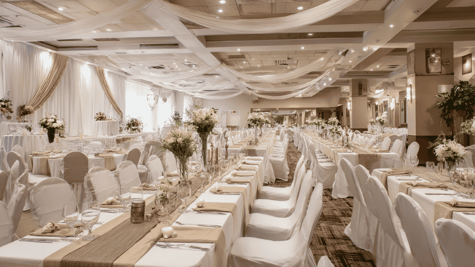 Wedding reception tables with fabric runners and simple coordinated decor