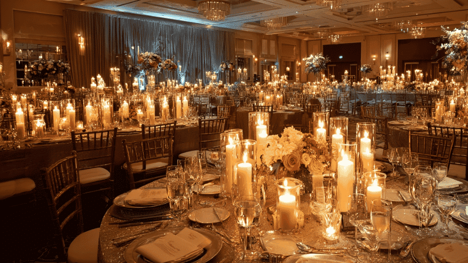 Wedding reception with candle arrangements lighting tables and full venue setup
