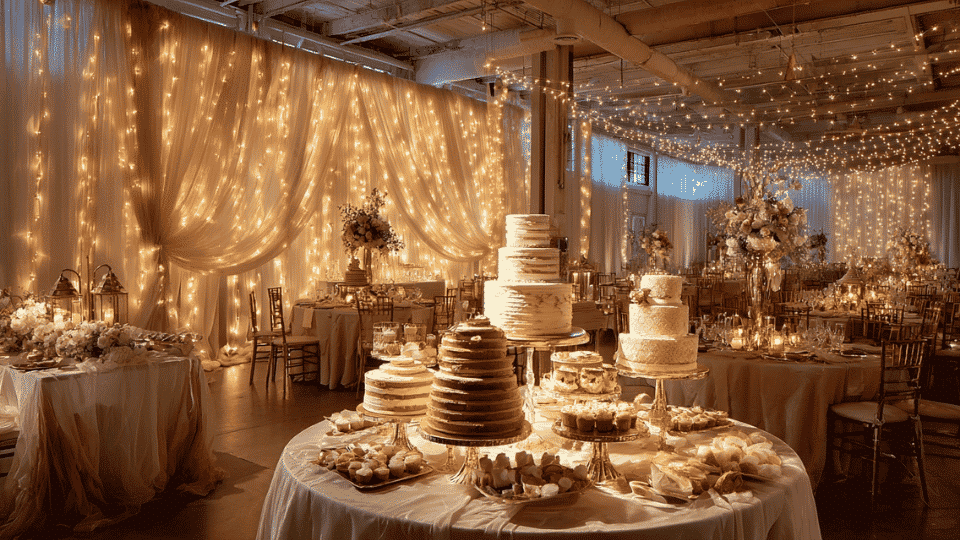 Wedding reception with decorated dessert table, backdrop and surrounding seating