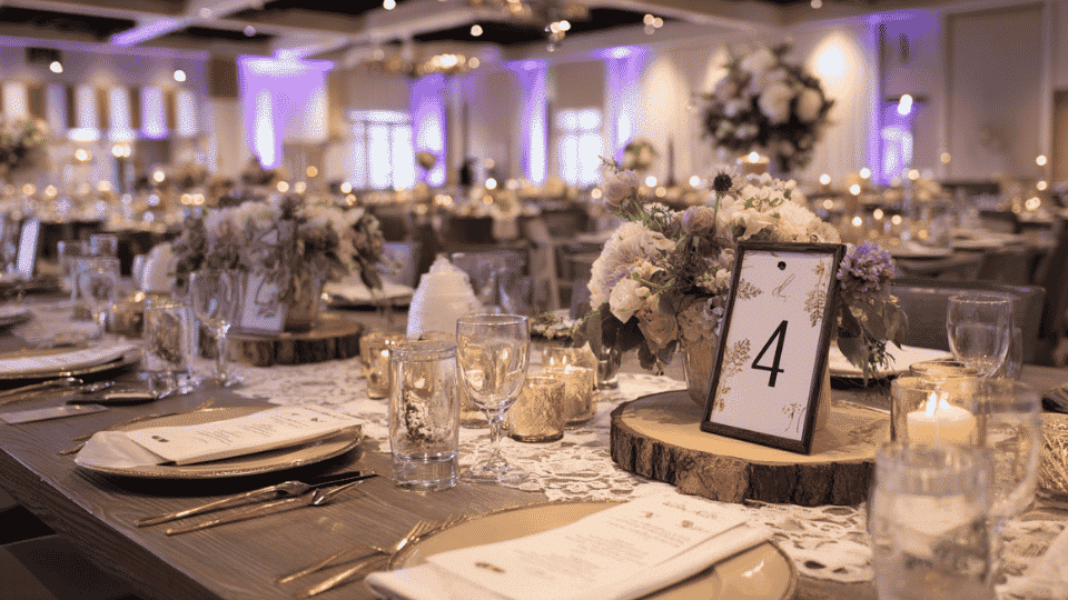 Wedding reception with handmade table numbers on decorated tables