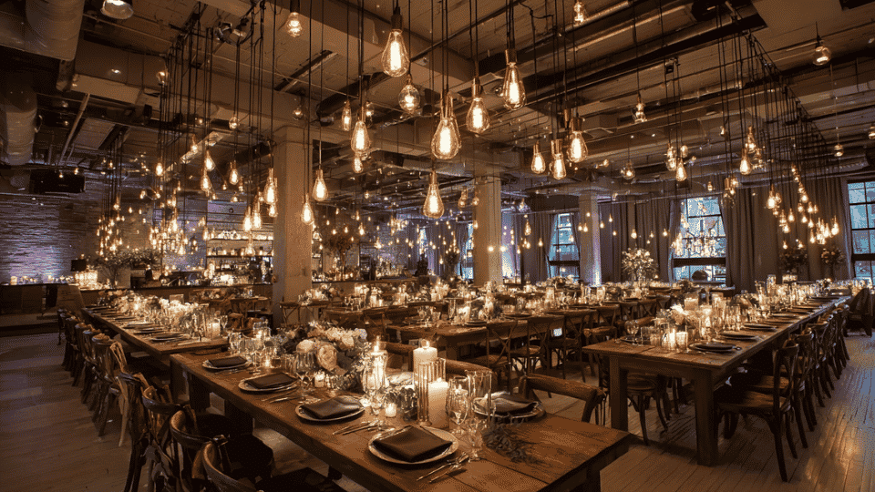 Wedding reception with hanging bulbs lighting full venue and table setup