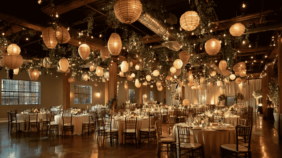 Wedding reception with hanging lights, lanterns and full decorated ceiling view