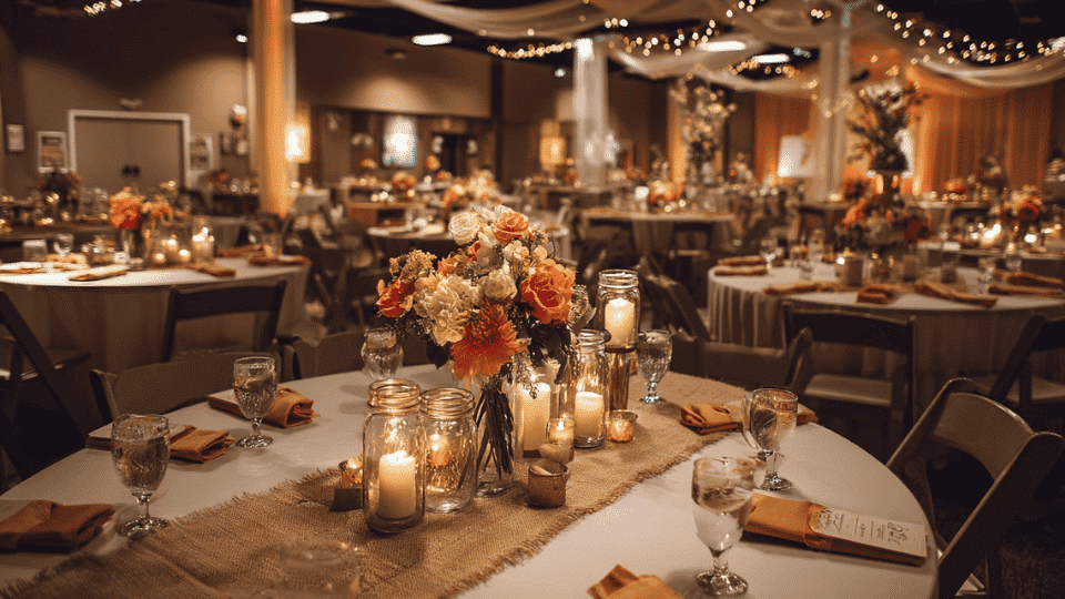 Wedding reception with mason jar centerpieces, burlap runners and full table setup