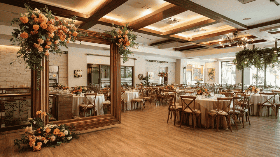 Wedding reception with wooden frame photo area and full decorated venue