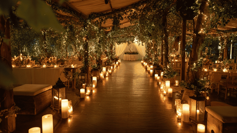 Wedding venue with LED tea lights along walkway and full decorated setup