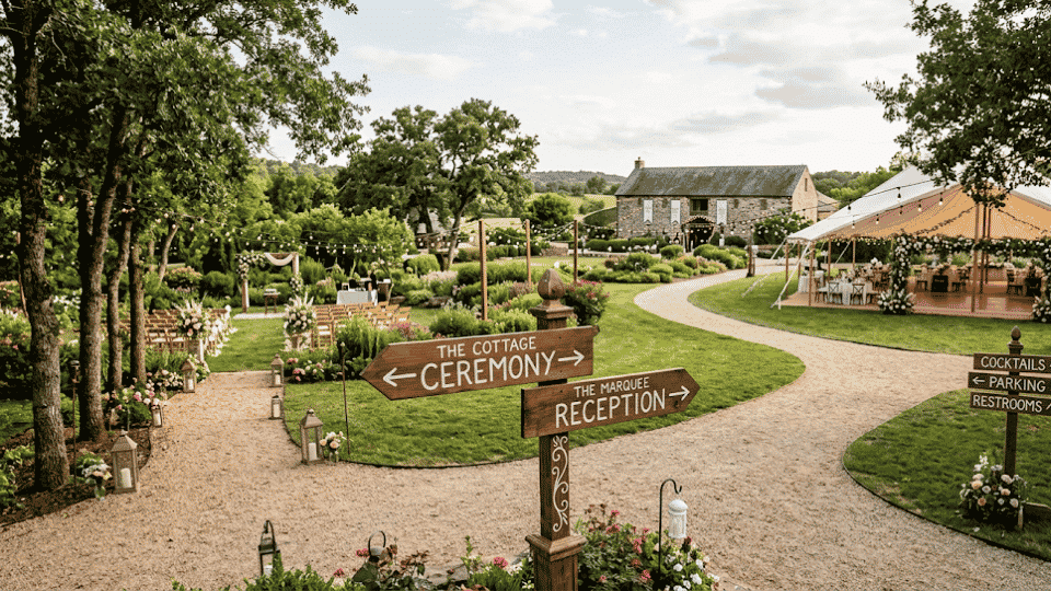 Wedding venue with directional signs guiding guests to ceremony and reception areas