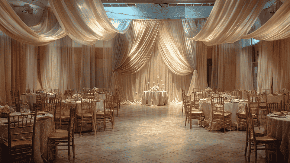 Wedding venue with fabric curtain backdrop, soft lighting and full reception view