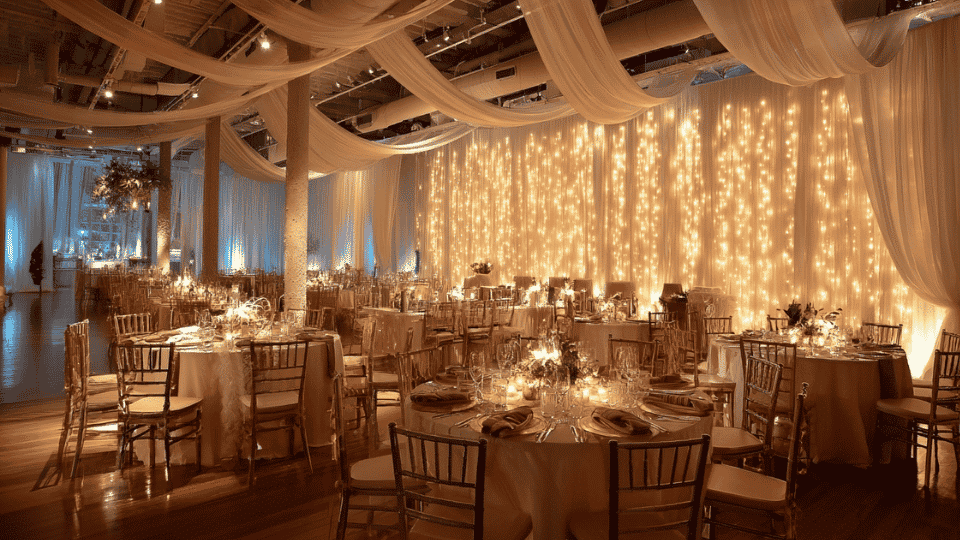 Wedding venue with glowing lighted backdrop and full reception layout