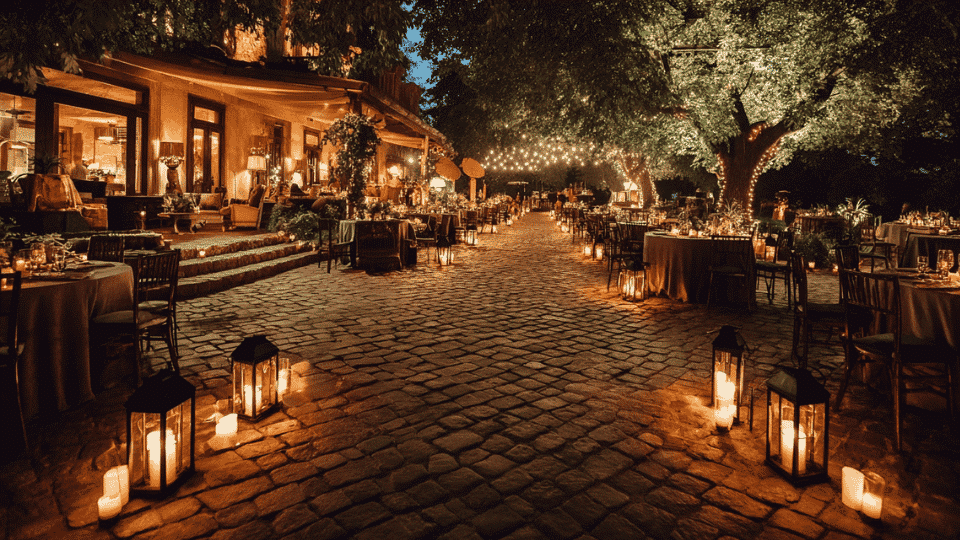 Wedding venue with lantern lighting on tables and pathways and full setup