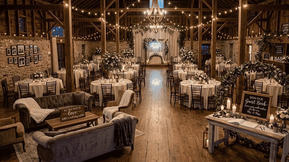 Wedding venue with quote signs placed around seating and decor areas