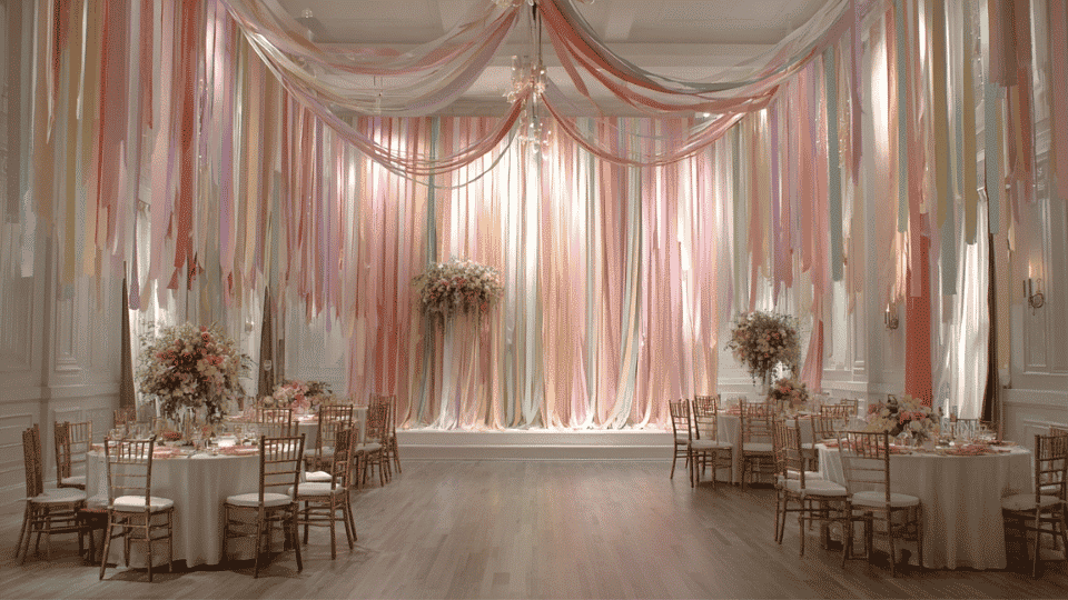 Wedding venue with ribbon wall backdrop and full reception setup
