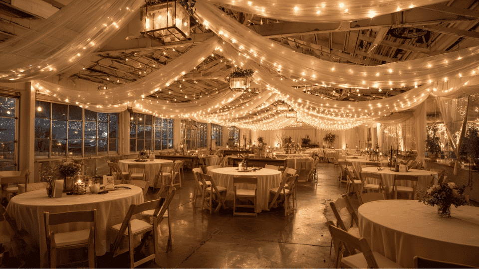 Wedding venue with string lights across ceiling and full reception setup