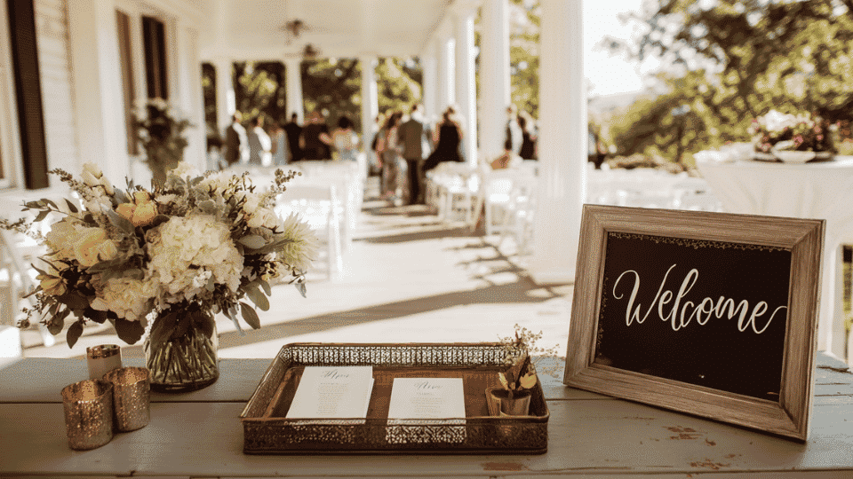 Wedding welcome table with programs, guest book, flowers and ceremony seating behind it