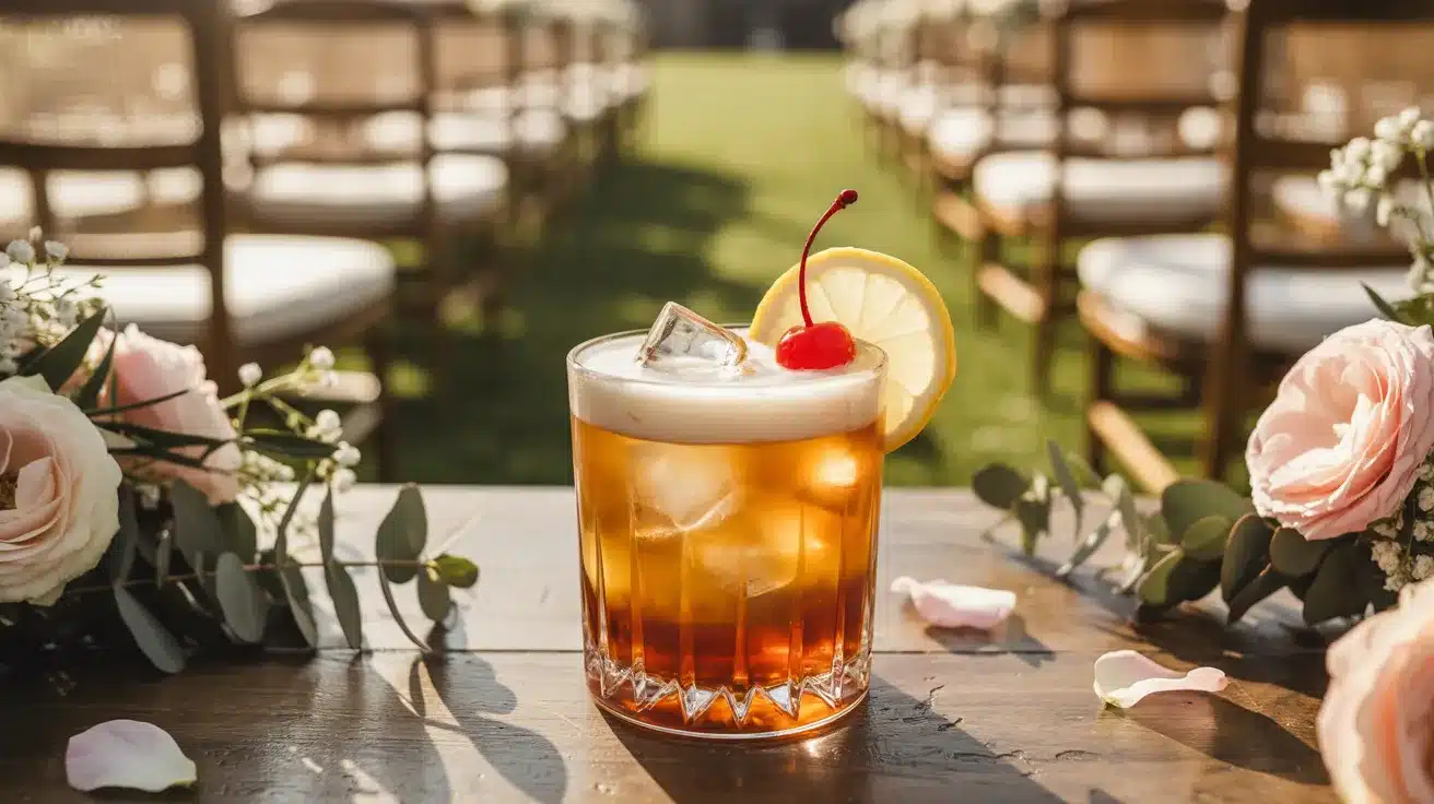 Whiskey Sour served at a rustic garden wedding