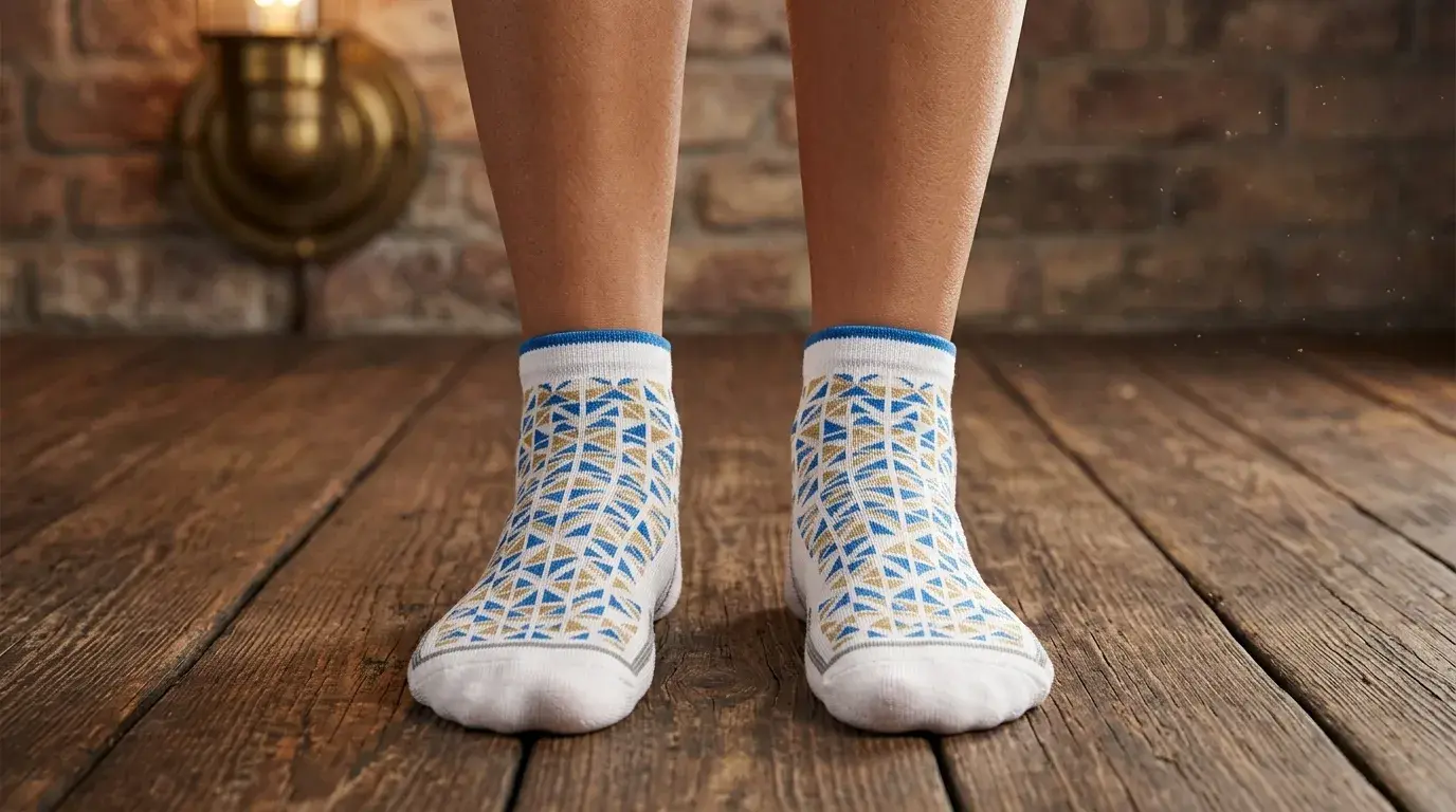 White ankle socks with blue and beige geometric patterns worn on wooden floorboards.