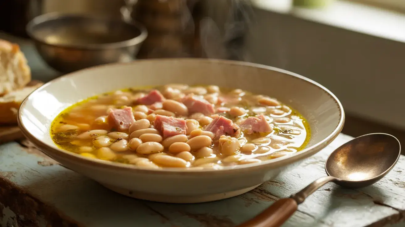 White bean and ham soup with tender beans and chunks of ham in a warm broth