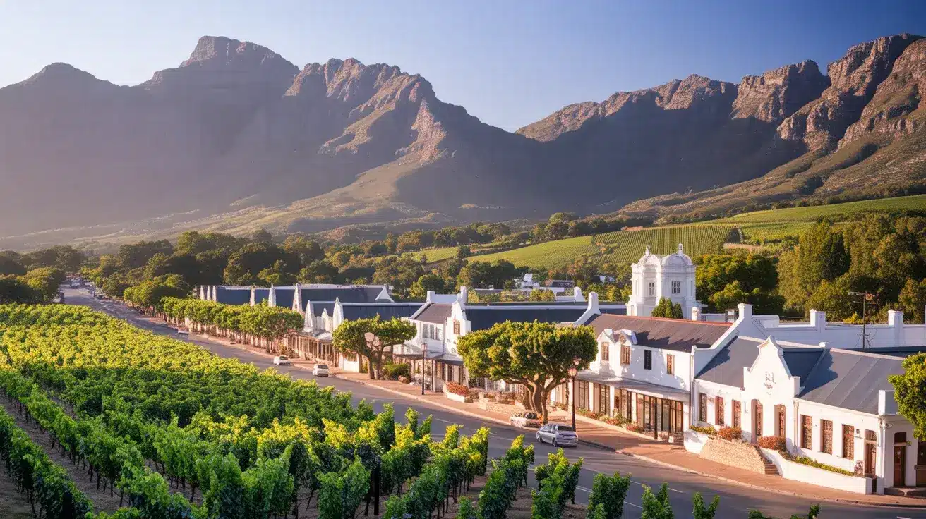White colonial-style buildings along a road, set against the backdrop of rugged mountains