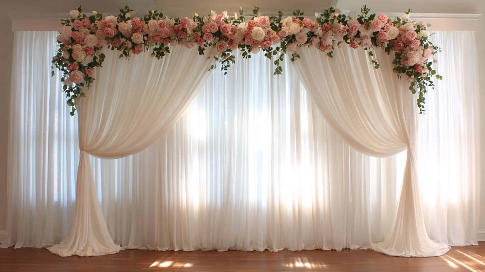 White draped wedding backdrop with blush flowers in a bright indoor room glow.