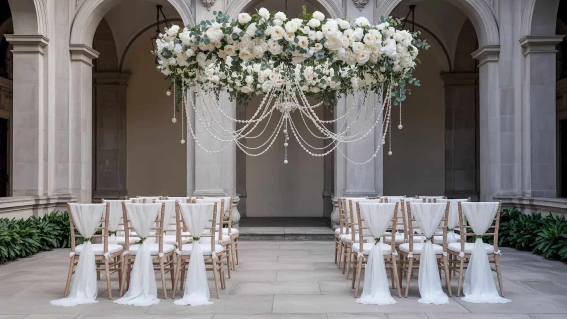 White floral ceremony canopy with pearl strands in a grand stone arch courtyard.