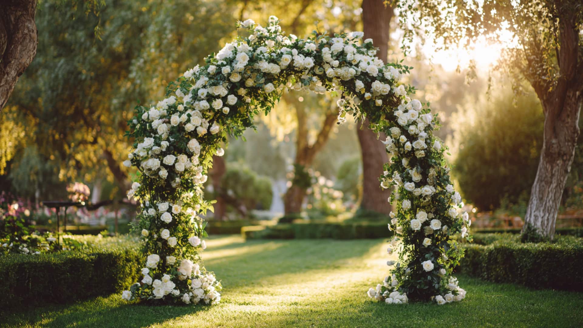 White rose wedding arch glowing in a sunlit garden with soft greenery around now.