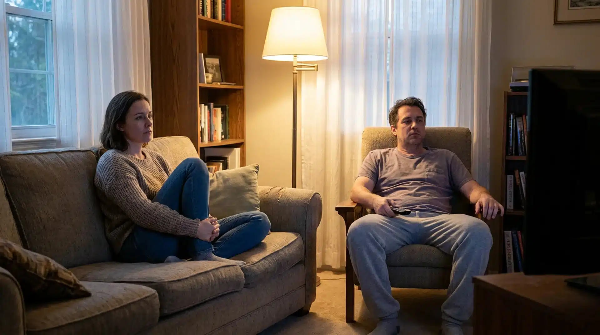 Wife sitting quietly on a sofa while her husband watches television during an emotionally distant moment at home.