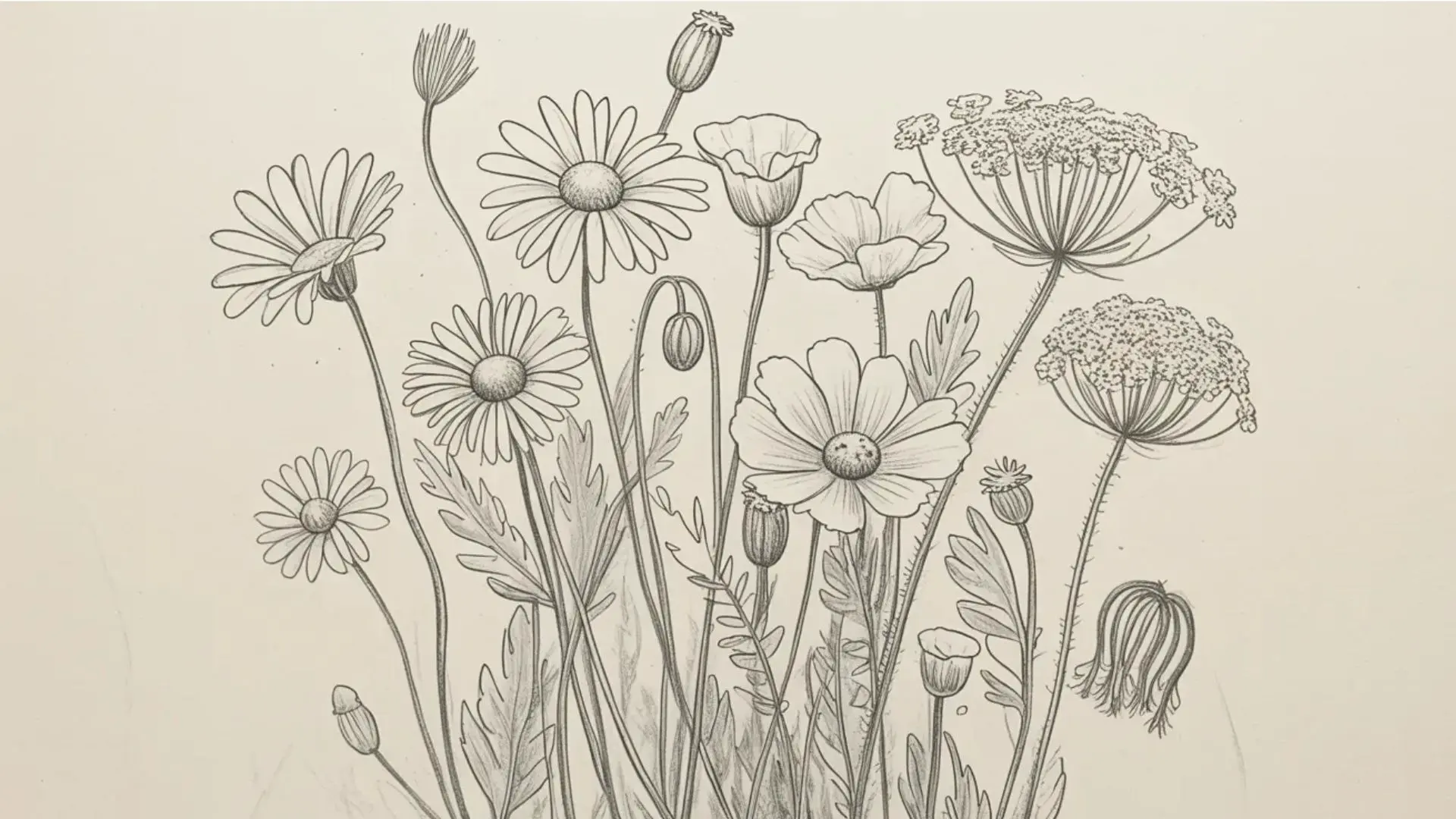 Wildflower field sketch with detailed pencil-drawn blooms and stems