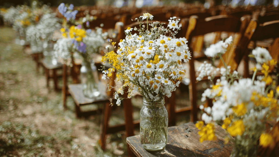 Wildflower-inspired floral centerpieces and aisle decor, creating a boho wedding atmosphere.