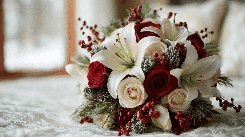 Winter bouquet with white and red flowers and evergreen touches